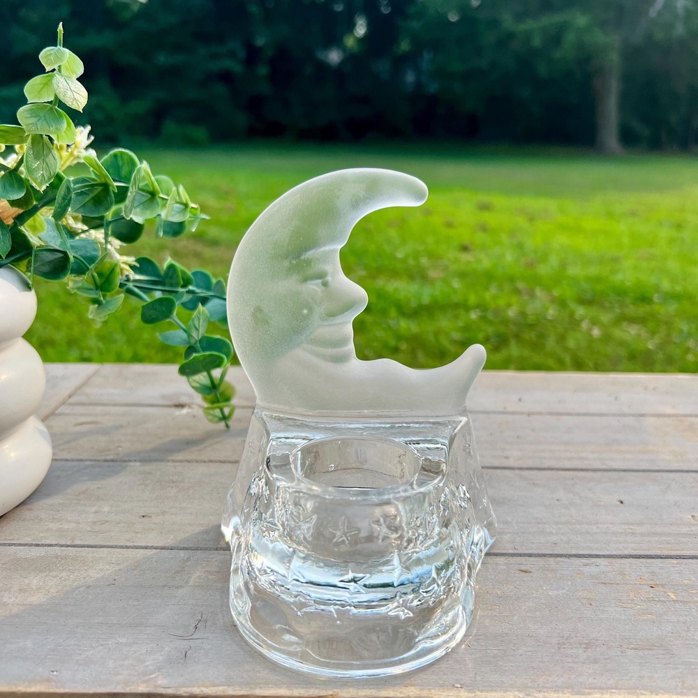 Vintage 1990's Celestial Whimsigoth Moon and Star Glass Tealight Candleholder